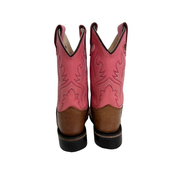 Old West Girls Pink & Brown Leather Cowboy Boots Kids 9D Square Toe - Picture 5 of 7